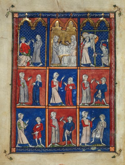 Sloane 1977,f.7v The Chirurgia: アリメテアのヨセフがキリストの遺体を求め、ヨセフと葬式のリネンを持った女性と供述書、その下に病気の乳房を医者に差し出している 2 人の女性と、さまざまな性器疾患を患っている 4 人の男性。 作： French School