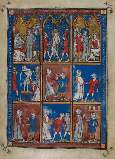 Sloane MS 1977 fol.6r 聖書と医療のシーンを示す 9 つのミニチュア。 上、カイアファとピラトの前のキリスト。 むち打ち。 中央以下、骨折やその他の病気で患者を治療する医師 作： French School