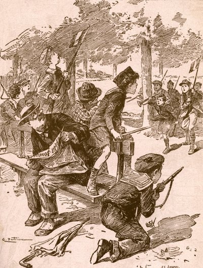 第一次世界大戦中のフランスで戦争ゲームをしている小さな男の子。 1917年に発行されたBuvard du Bon Marcheのアジェンダより。 作： French School