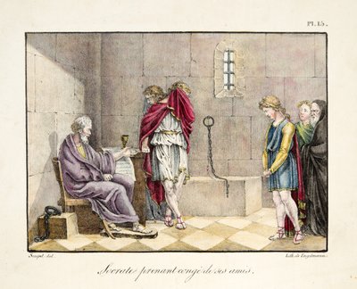 1835年頃、エンゲルマンによって出版された「ソクラテスが仲間と一緒に食事をしているところ」（手彩色のエングレーヴィング）。 作： French School