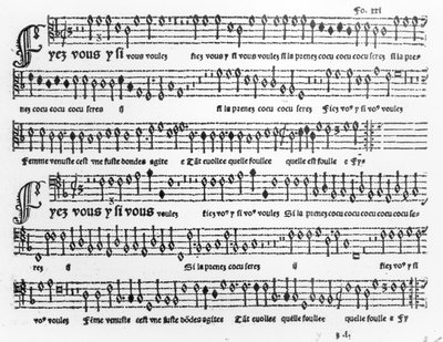 シャンソンミュージカルズの歌曲集、ピエールアッタニャント（1552年）発行1535-36 作： French School