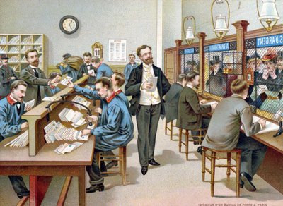 パリの郵便局での郵便の並べ替え、郵便局のカレンダーのイラスト、1904年 作： French School