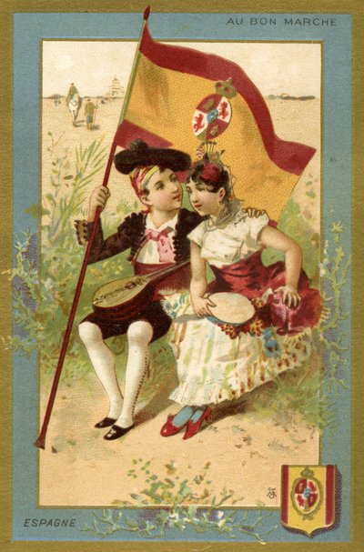 1890年頃、パリのボンマルシェ百貨店のプロモーションカードとして制作された、さまざまな国の子供たちの一連のイラストのスペインの少年と少女 作： French School