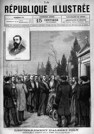 レオン・ガンベッタ（1838-1882）がヴェルサイユの墓地で行われたアルベール・ジョリー副官（1844-1880）の埋葬式で行ったスピーチ。新聞。個人コレクション「La republique illustree」に掲載された1880年のエングレーヴィング。 作： French School
