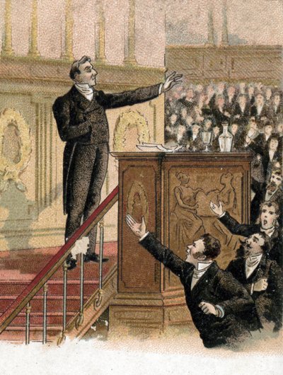 Discurso do ministro das Relações Exteriores François Guizot (1787-1874) à Câmara dos Deputados frente à oposição denunciando sua política externa “Podemos multiplicar insultos e calúnias podemos acumulá-los quanto quisermos, nunca os levantaremos para t 作： French School