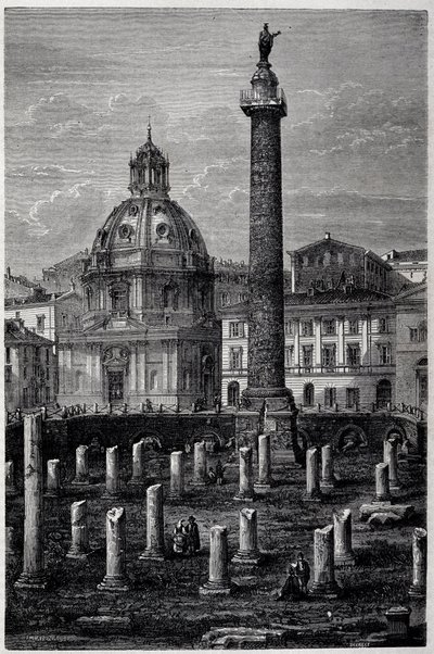 トラヤヌス広場とトラヤヌス柱（Colonna Traiana）とウルピアン寺院（1864-1868年のフランシス・ウェイの航海）-1869年の「ツール・ド・モンド」第2週に登場 作： French School