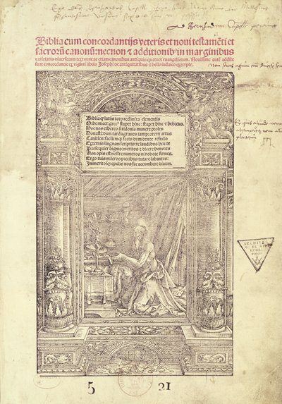 1521年、リヨンのJ.マリオンによって印刷された、聖書のタイトルページであるスタジオローの聖ジェローム 作： French School