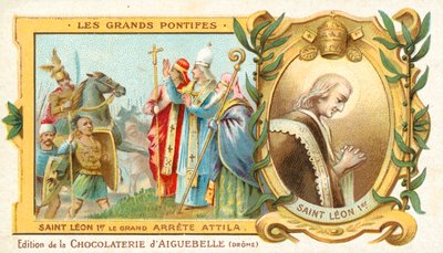 聖レオ大帝がフン族のアッティラのイタリア征服を阻止する（452年）（クロモリト 作： French School