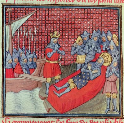 セントルイスは、1270 年 8 月 25 日に対チュニス十字軍の最中にペストで死亡、写本「Grands Chroniques de France」（ベラム）より 作： French School