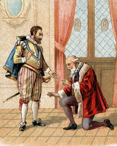 1598年、ヘンリー4世は、活発な議論の末にひざまずいてしまったマクシミリアン・オブ・ベスーン（サリー公）（1559-1641）に対して、「立ちなさい、我が友よ、敵は私が君を許していると言うだろう」と言った。 作： French School