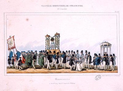 1840年6月25日、ストラスブールでの大工たちの行列の開始（カラーリトグラフ） 作： French School