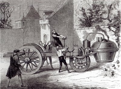 ニコラスジョセフカグノット（1725-1804）によって1771年、1886年に発明された蒸気自動車 作： French School