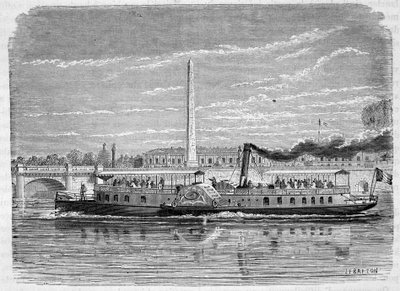 1867年のパリ万博の際、セーヌ川でオムニバスを運行するための蒸気船（車輪付き） - 彫刻、19世紀後半 作： French School