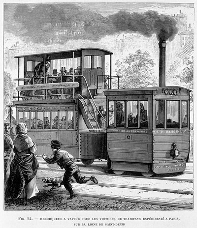 パリのサン＝ドニ線で路面電車を経験させるための蒸気タグ - Louis Figuier著「科学の新しい征服」より 作： French School