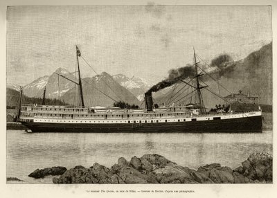 シトカ（アメリカ・アラスカ州）の港に停泊中の蒸気船「クイーン」。エドワード・シャルトン（1807-1890）編集のLe tour du monde, nouveau journal des voyages, second semester 1891, edition Hachette, Parisに掲載された1890年のボッシェのエングレーヴィング。 作： French School