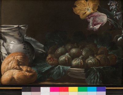 イチジク、水差し、花、パンのプレートのある静物、1740〜50年 作： French School