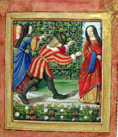 Stowe 955 f.7 ピエール・サラ作「愛のプチ・リーヴル」より、盲人のバフを演奏する男女、1500年頃（ベラム） 作： French School