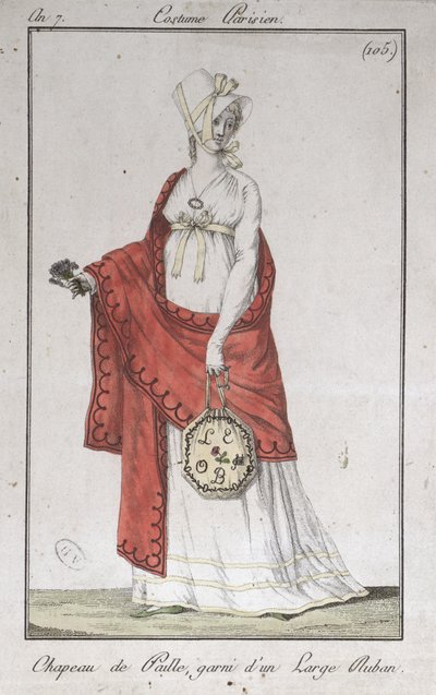 リボン付き麦わら帽子、コスチュームパリジャン、1799年のファッションプレート 作： French School