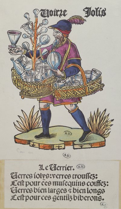 クリスドパリのガラス製品を売る屋台の商人、1515年頃（色の木版画） 作： French School