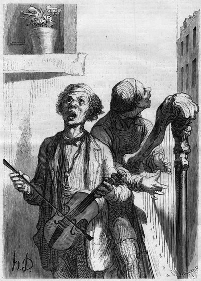 ストリートシンガー。オノレ・ドーミエ（1808-1879）の漫画。1862年12月20日付の "Le Monde Illustré "297号に掲載された図版。 作： French School