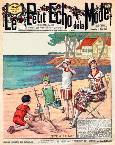 夏の海、ビーチで3人の子供を連れた女性 作： French School