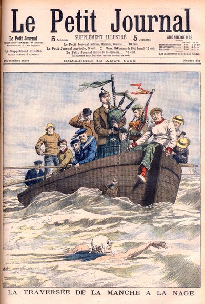 英仏海峡を泳ぐ英仏海峡を泳いで渡ろうとした22回の失敗のうち、最初の試みを行ったイギリス人のJabez Wolffe。ジャベズ・ウォルフ（1877-1943）の「英仏海峡を泳ぐ」 - イラストレーション（Le petit Journalより 作： French School