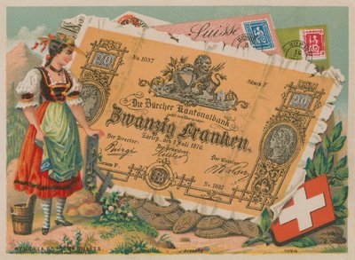 伝統的な衣装と20フラン紙幣のスイスの女の子 作： French School