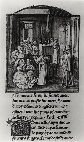 T.2 Fol.111 イングランド王エドワード3世のシェーン城での死 フロワサールの年代記より 15世紀後半 ベラム製（モノクロ写真 作： French School