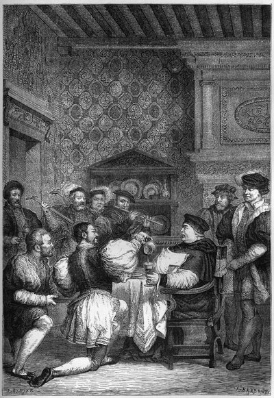 THOMAS CARDINAL WOLSEY (1475? -1530) IS SERVED AT TABLE BY NOBLES AND GENTLEMEN - THOMAS WOLSEY (1475? -1530) is served on knees by his men of highest rank - engraving in "L