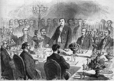 1864年2月11日、パリの産業宮殿でスエズ運河の株主がドレセップス氏に提供した宴席のテーブル・ドヌール。現在、左から、アンドレ・マリー・ジャン・ジャック（ジャン・ジャック）・デュパン上院議員（1783-1865）（Dupin 作： French School
