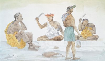 タヒチの布叩き（LF Lejeune作 「ルイ・I・デュペレイの旅」より） ポリネシア 19世紀 水彩画 作： French School