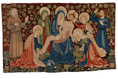 死者を悼むキリストの「ピエタ」が描かれたタペストリー前掛け、ストラスブール製、1450-60年頃（ウール、シルク、おそらくリネン） 作： French School