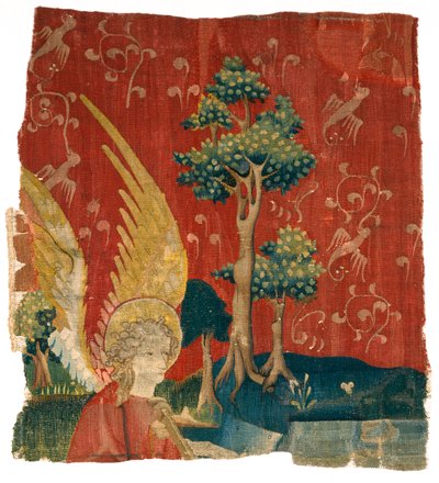 風景の中の天使を描いたタペストリーの断片、アンジェの黙示録より、14世紀第3四半期（羊毛） 作： French School