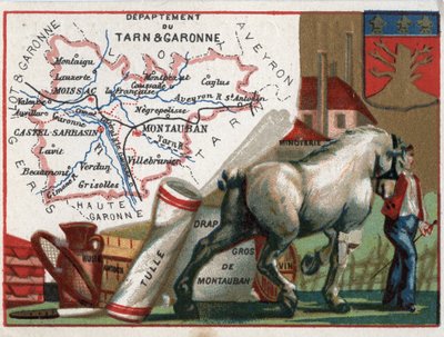 フランス、タルヌ・エ・ガロンヌ（Tarn-et-Garonne, 82）、ミディ・ピレネー（Midi Pyrenees）。特産品：油、でんぷん、チュール、モントーバンのシートの卸、ワイン、製粉。フランスのデパートメントに関するシリーズ。クロモリ（Chromo）「地理的な糸」、サー 作： French School
