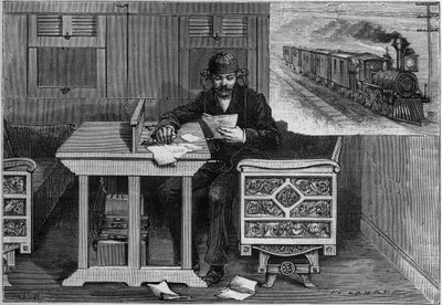 トーマス・エジソン方式（1847-1931）による走行中の列車の電話通信：電話機を装備した従業員が走行中の車内でスペキュラを受信する。La Nature」に掲載されている図版。科学とその芸術・産業への応用に関する論文集 作： French School