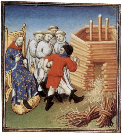 テンプル騎士団は、1310 年にフランス王フィリップ 4 世ル ベルの目の前で処刑される予定です。イルミネーション 作： French School
