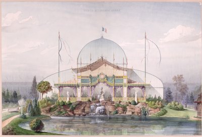 1867年のパリの万国博覧会の庭にあるテントと大きな温室（紙に水彩） 作： French School