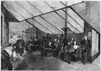 1872年のサロン：絵画審査員のセッションの様子。右からMeissonnier、Ph.Rousseau、Breton、G.Boulanger、Robert Fleury（ロベール＝フルーリー）、Fromentin、Jalabert、Mazerolles、Brion、Bonnat、Baudry、Dubuffe、Delauney、Cabat。ル」のエングレービング 作： French School