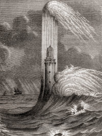 18世紀にジョン・ラディアードが建設したエディストーン灯台、イギリス・レイムヘッド近くのエディストーン・ロックス、1870年頃に出版された「Les Merveilles de la Science」より（彫刻作品 作： French School