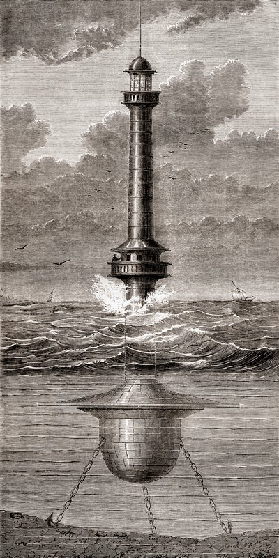 19世紀にイギリスのリバプール港の入り口に設置された浮体式灯台（1870年頃発行の「Les Merveilles de la Science」より）（彫刻）。 作： French School