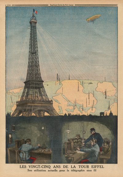 エッフェル塔が25周年を迎え、現在無線電信で使用されています。「Le Petit Journal」の裏表紙イラスト、補足図、1914年4月19日 作： French School