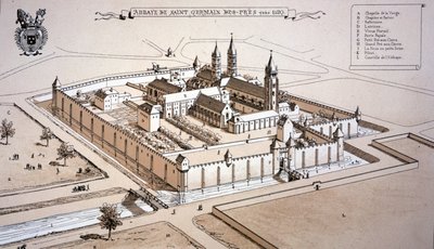 1520 年頃のサン ジェルマン デ プレ修道院（色付きの彫刻） 作： French School