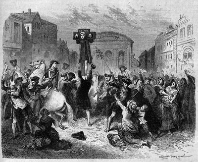 アグリカンの作家ダニエル・デフォー（1660-1731）は、1703年に英国国教会の不寛容さを訴える文章を書いたことで、ピロティを受けた。1870年に描かれたもの。 作： French School