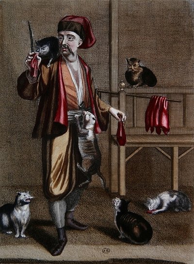 コンスタンティノープルのバザールで猫に羊の肝臓を食べさせるアルバニア人のDgi-Guerdgi（「Recueil d