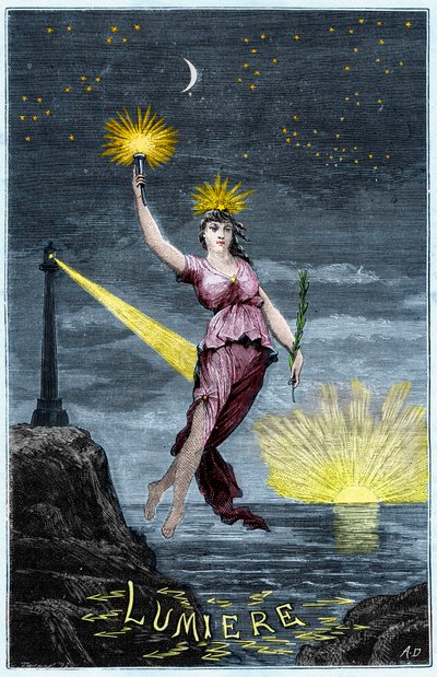 光のアレゴリー - Allegorie de la Lumiere - アレクシス・クレールの「誰もが利用できる科学 - 物理学と化学」に掲載された版画 - 19世紀末 - 個人蔵 作： French School