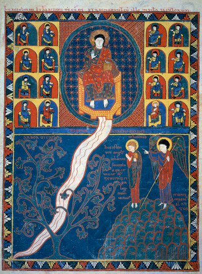 天使は聖ヨハネに、神の御座から始まる命の川と、775年にリエバナの修道士ベアトゥスによって書かれた「聖ヨハネによる黙示録」の注釈書から引用された命の木のミニチュアを見せる。 作： French School