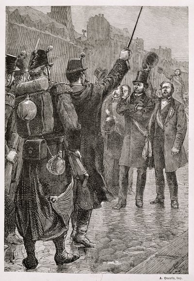 1851年12月4日、サンアントワーヌバリケードでのビクターシェルシェル（1804-93）の逮捕 作： French School