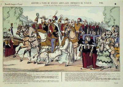 1867年、スルタン・アブド・アル・アジズ（1830-76）のパリ到着（カラー・エングレーヴィング） 作： French School
