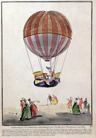 1783年12月1日、チュイルリー公園のエアロスタットの上昇（ペンとインク、紙にトイレ） 作： French School