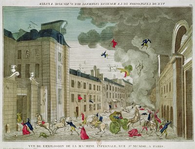 1800年12月24日、パリのサンニケーズ通りでのナポレオンボナパルト（1769-1821）の暗殺未遂（カラー彫刻） 作： French School